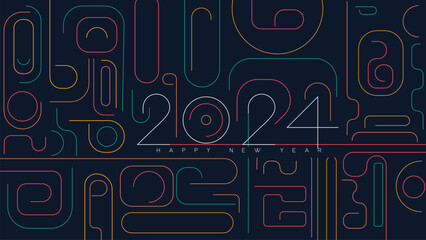 Happy New Year 2024 with a colorful geometric line New Year celebration concept vector illustration.