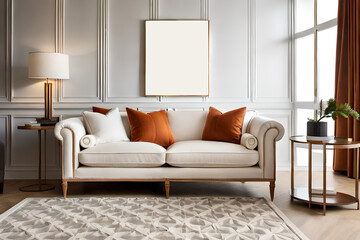 Beige velvet sofa with terra cotta cushions between houseplants. Wooden round coffee table near ottoman on knitted rug.