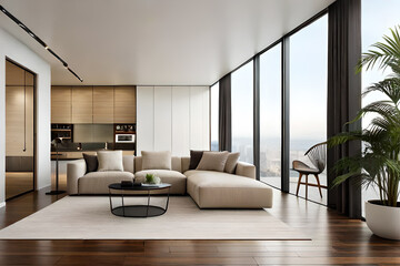Naklejka na ściany i meble Beige velvet sofa with terra cotta cushions between houseplants. modern living room with sofa