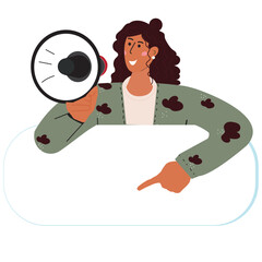 A woman with a megaphone/loudspeaker, shouting, announcing something and pointing with her index finger. A woman on a white background with a sign. Conceptual illustration of megaphone vector, flat st