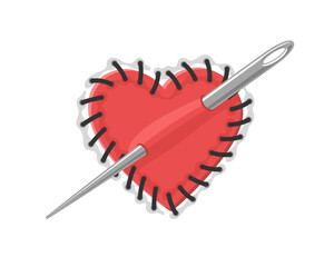 Heart-shaped red patch pierced with a needle. Vector illustration