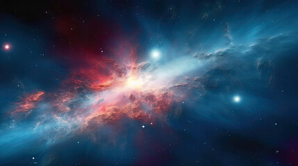 Fototapeta premium radiant explosion of blue and red illuminates the universe In vast expanse of the cosmos.Nebula and galaxies in space with stars and space dust in the universe