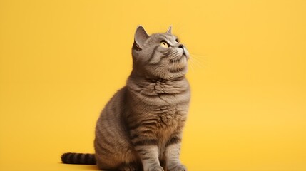 Overweight cat looking to side on yellow background, studio shot, copy space. Generative AI