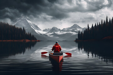 Man paddling a kayak on a lake with mountains in the background