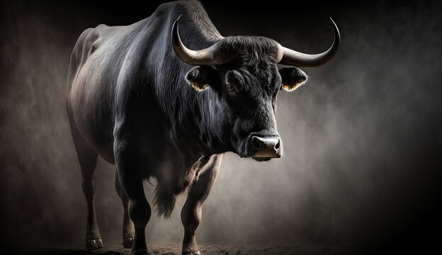 black bull on dark background photography, Generative AI