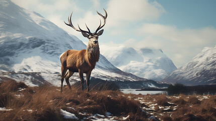 Beautiful red deer stag in winter landscape of Scotland, UK.