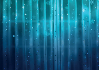 Blue Tinted Christmas Curtains with Falling Stars and Snowflakes - Colorful Abstract Background, Vector Illustration
