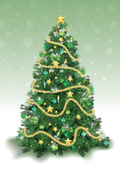 Decorated Christmas Tree in Green Colored Tones with Background with Falling Snow - Detailed Illustration for Your Merry Christmas Greeting, Vector