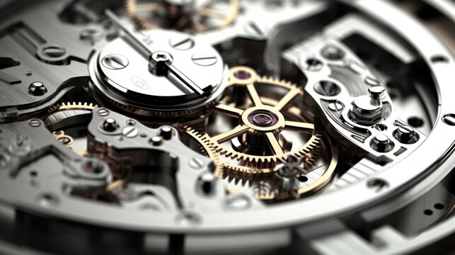 Close-up of a watch mechanism, black, white and gold colors, background