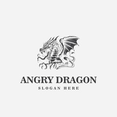 dragon logo design, with an angry expression, and in black and white monochrome style
