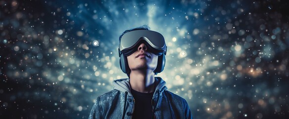 young man with VR headset consisting starry and start up concept background. Future technology concept. generative AI