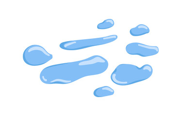Water drops set. Clean blue waterdrops. Pure fresh liquid droplets. Clear aqua blobs splashes, bubbles of different shapes. Wet fluid elements. Flat vector illustration isolated on white background