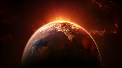 red sunrise, view of earth from space, copy space. Generative AI