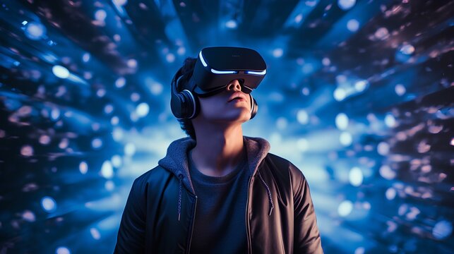 young man with VR headset consisting starry and start up concept background. Future technology concept. generative AI