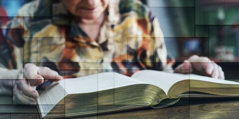 Old woman reading a book, geometric pattern