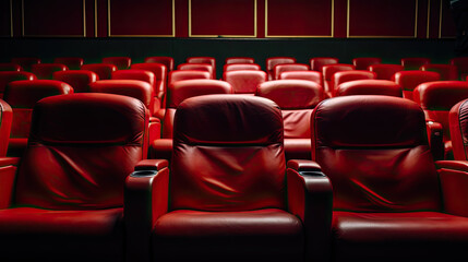 Obraz premium A close up of a row of red chairs in a theater features a detailed view of theater seating. Ideal for promotional materials, newsletters, or articles related to performing arts, cinema, or event ven