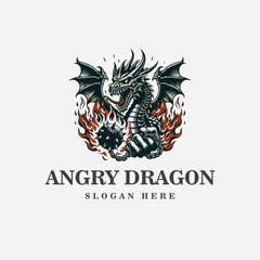dragon logo design, with an angry expression, and in black and white monochrome style