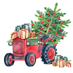 Christmas red tractor, rustic farming equipment. Tree with red balls, gifts. Stock illustration. Hand painted in watercolor.