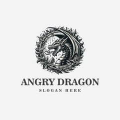 dragon logo design, with an angry expression, and in black and white monochrome style