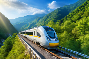 In summer, a modern high-speed train runs on the high-speed rail outside the city
