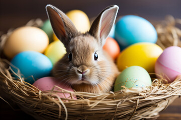 Cute Easter bunny and colorful Easter eggs in a wicker basket close-up