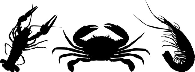 Crustaceans. Collection of sea animals. Crayfish, crabs, shrimp. Illustration on a transparent background. Vector. Silhouette