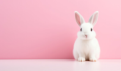 Obraz premium Cute white Easter bunny on pink background close up