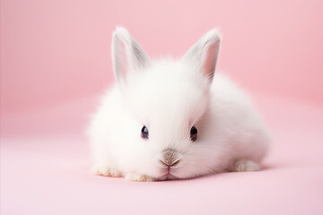Cute little white Easter bunny on pink background close up