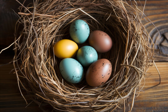 Colorful Easter eggs in a nest. Easter symbol