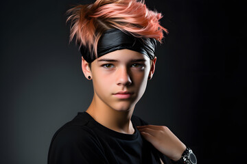 Colorful studio portrait of a cool teenager boy with age specific outfit and accessories. Bold, vibrant and minimalist. Generative AI