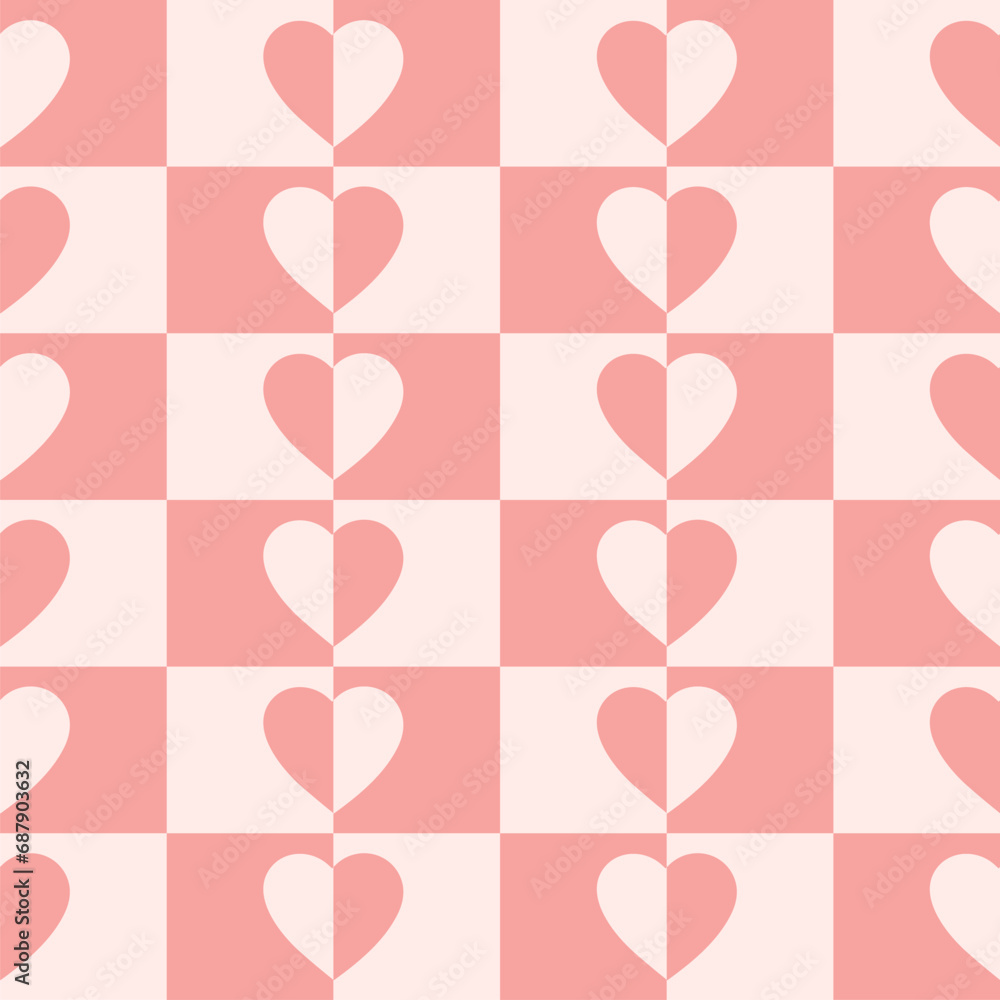 Aufkleber Monochrome minimalistic seamless pattern with hearts on a checkered background. Modern retro illustration for decoration. Aesthetic vector print in style 60s, 70s. Pink colors