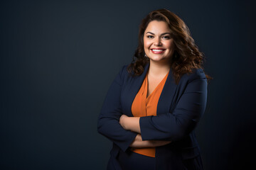 Slightly overweight businesswoman smiling confidently. Bold and vibrant clean minimalist studio portrait, copy space.