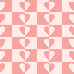 Monochrome minimalistic seamless pattern with hearts on a checkered background. Modern retro illustration for decoration. Aesthetic vector print in style 60s, 70s. Pink colors