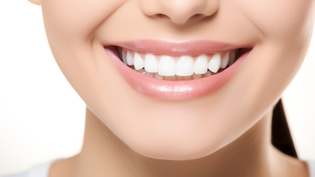 Closeup of beautiful smile with white teeth. Woman mouth smiling. 
