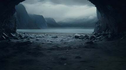 inside Icelandic cave landscape with dark water and rocks - obrazy, fototapety, plakaty