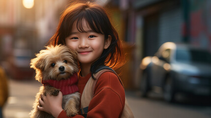 Close up of a little asian pretty girl with a little dog in her arms, lovely pet, frendship with pets. Outdor street background.Cute little puppy. Generative AI