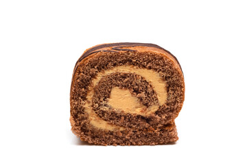 Chocolate cream roll isolated on white background. Confectionery