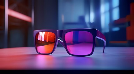 Sunglasses with purple lenses on the table. 3d rendering