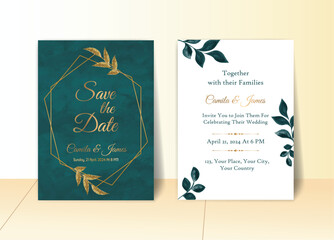watercolor wedding invitation card with golden leaves and golden gradient border with watercolor background