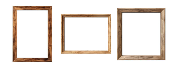 Obraz premium Set of empty natural wooden photo frames on transparent background. Realistic border wooden rectangular picture frame for design, Image display concept