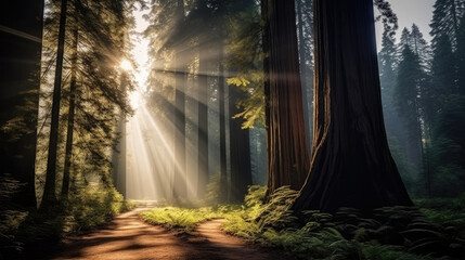 Obraz premium the sun shines through redwood trees with fog, Sunlight through redwood forest with tall trees. a serene forest scene with sunlight filtering through the foliage, 