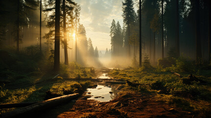 the sun shines into a forest with redwood trees, - obrazy, fototapety, plakaty