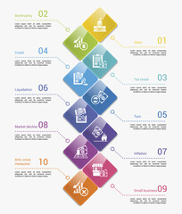 Infographics with Crisis theme icons, 10 steps. Such as state, bankruptcy, tax break, credit and more.