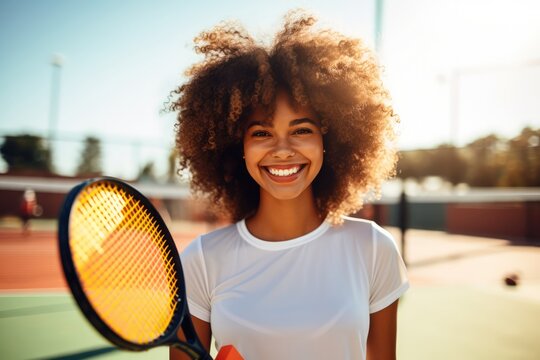 Afro Girl Holds Pickleball Racquet On Pickleball Court. Сoncept Sports Photography, Afro Girl, Pickleball, Pickleball Racquet, Outdoor Sports