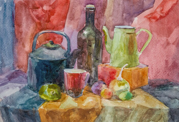 Still life with a jug. Still life with a teapot, bottles and fruits. Watercolour. Watercolor painting on paper.