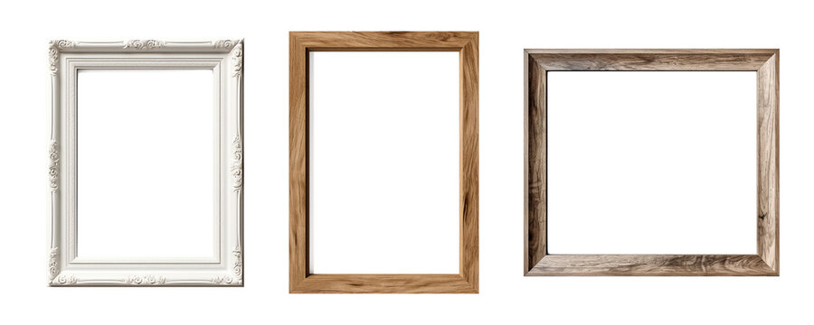 Set of empty natural wooden photo frames on transparent background. Realistic border wooden rectangular picture frame for design, Image display concept
