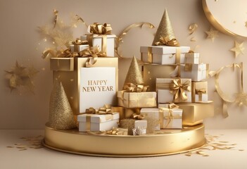 Happy New Year written on the Luxury Board with Gifts. Happy New Year 2024.