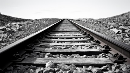 Railroad tracks disappearing into the distance, black and white color