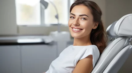 Foto op Aluminium A young beautiful girl in a dentist chair smiling with beautiful white, healthy teeth. woman with white teeth © masyastadnikova