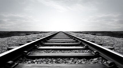 Railroad tracks disappearing into the distance, black and white color